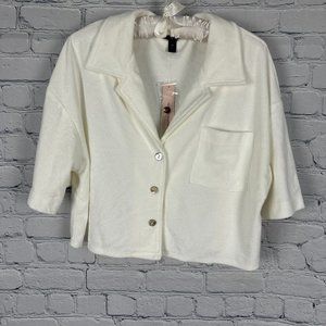 Aqua Swim Button Front Beach Cotton Blend Cropped Cover‎ Up Top Jacket, White